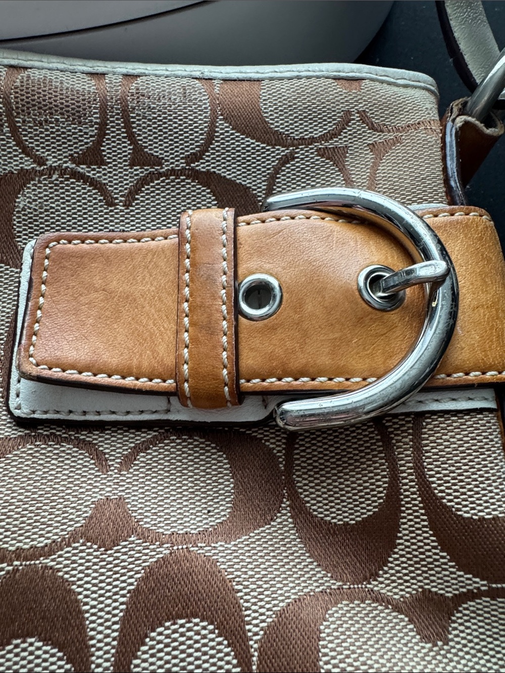 Coach Brown Signature Canvas Shoulder Bag with Tan and Cream Leather Accents - Picture 9 of 17